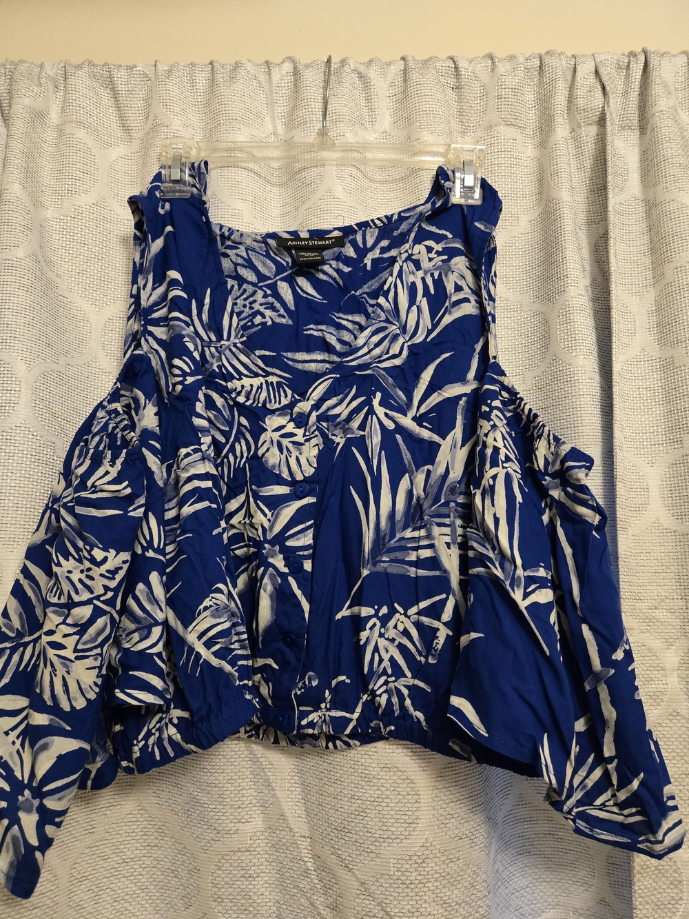 Ashley Stewart Blue and White Tropical Cold-Shoulder Camisole